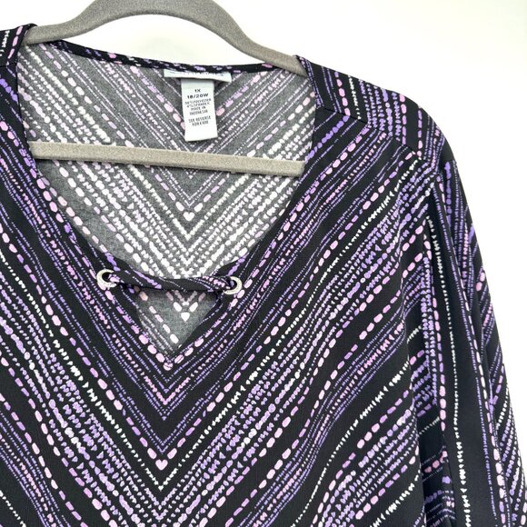 Catherines Black & Purple Chevron Tunic Top 1X 18/20 V-Neck 3/4 Sleeve Stretch P - Picture 3 of 7
